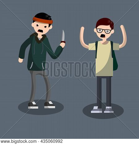 The Problem Of Urban Security. Robbery Guy. A Criminal With A Knife. Scared Man And Extortion Money