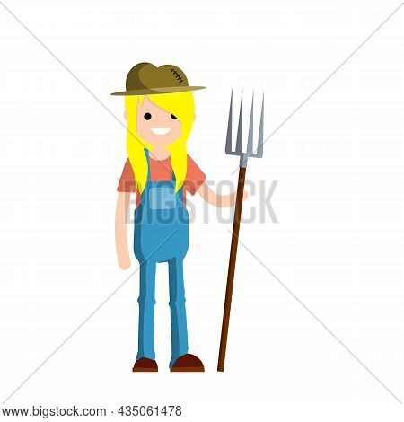 Man Farmer In Overalls With Fork In Hands. Rural Type Of Work. Production Of Natural Food In The Vil
