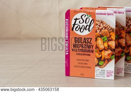 Odessa, Ukraine - September 10, 2021 Instant Porridge, Beef Stroganoff From So Food Trademark