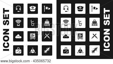 Set Cone Meteorology Windsock, Airplane Seat, Router And Wi-fi Signal, Headphones With Microphone, C