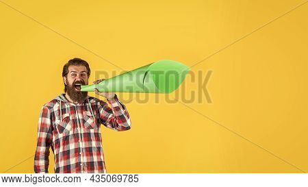 Mature Crazy Mad Man Pose With Megaphone. Announcement Concept. Stop Being Silent. Hipster Screaming