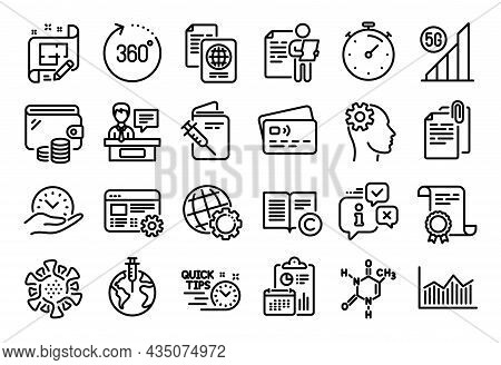 Vector Set Of Job Interview, Safe Time And 360 Degrees Line Icons Set. Calendar Report, Money Wallet