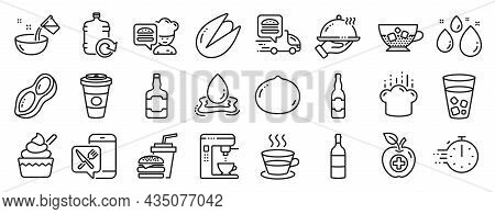 Set Of Food And Drink Icons, Such As Ice Tea, Cooking Hat, Coffee Cup Icons. Beer Bottle, Peanut, Co