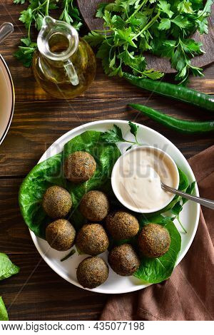 Falafel Balls. Deep Fried Balls From Ground Chickpeas. Middle Eastern Food. Wooden Background, Top V