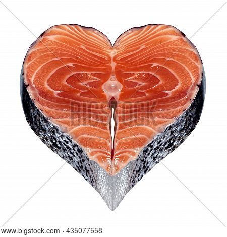Healthy Fish Symbol As Fresh Seafood With A Salmon Steak In The Shape Of A Heart As An Icon Of Omega