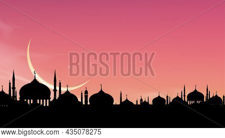 Eid Mubarak Card, Silhouette Dome Mosques At Night With Crescent Moon With Pink Sky,vector Banner Ba