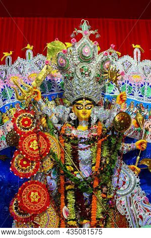 Beautiful Face Of Goddess Durga Idol With Her Full Glory, Durga Puja Festival At Night. Shot Under C
