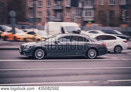 Mercedes-benz S-class Fast Drive On Road In The City With Blurred Background. Moscow, Russia - April