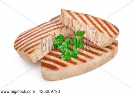 Tuna Fish Steak Grilled Isolated On White Background With Clipping Path And Full Depth Of Field