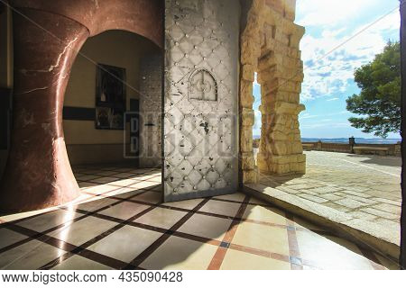 Novelda, Alicante, Spain- September 24, 2021: Details, Archs, Tower And Pictures Of Sanctuary Of San