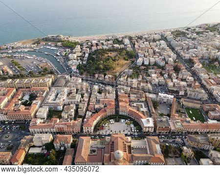Aerial View On Terracina, Mountains And  Tyrrhenian Sea Bay, Ancient Italian City In Province Latina