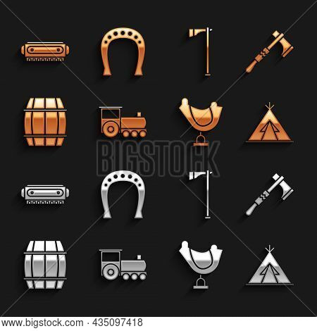 Set Retro Train, Tomahawk Axe, Indian Teepee Or Wigwam, Wild West Saddle, Wooden Barrel, Harmonica A