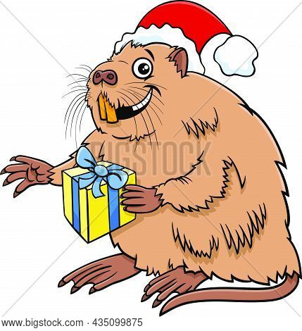 Cartoon Illustration Of Coypu Or Nutria Animal Character With Present On Christmas Time