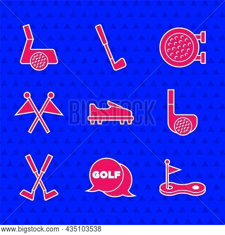 Set Golf Shoe, Label, Hole With Flag, Club Ball, Crossed Golf, Sport And Icon. Vector