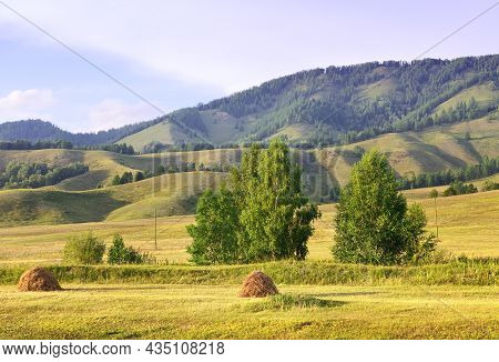 Mountain Valley Under The Evening Cloudy Sky. Altai, Siberia. Russia