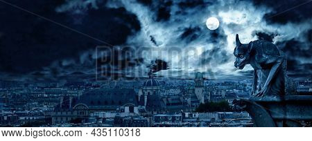 Gargoyle Of Notre Dame De Paris On Halloween, France. Fantasy Panoramic View Of Creepy Paris, Skylin