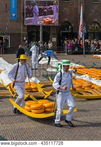 Alkmaar, Netherlands - April 28, 2017: Cheese carriers at traditional cheese market.