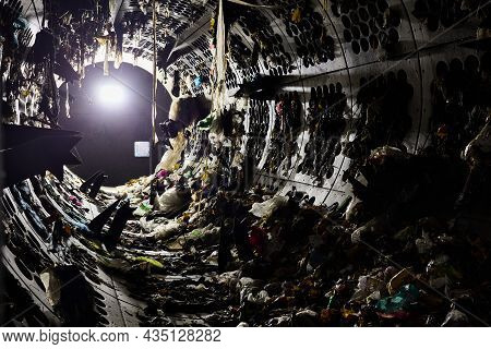 Grodno, Belarus - October 2018: Modern Waste Sorting Plant. Into Drum Filter Or Rotating Cylindrical