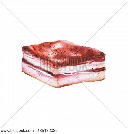 Pork Belly Watercolor. Color Illustration. Delicious Food, Menu Design Isolated On White Background
