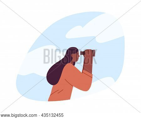 Person Looking Forward In Future With Binoculars, Searching Direction, Opportunities And Solutions, 