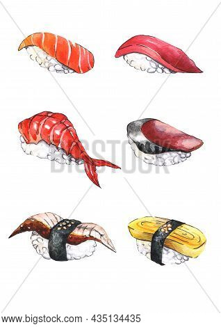 Watercolor  Set Sushi On White Background. Hand Drawn Illustration