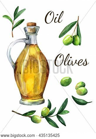 Olive Branches And A Bottle Of Olive Oil Drawing By Watercolor. Illustration On A White Background