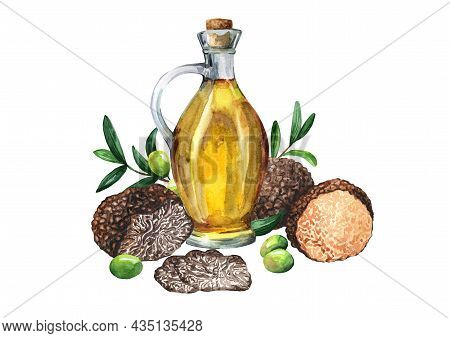 Sunflower Oil In Decanter And  Truffle. Branch Of Olives. Watercolor Illustration Isolated On White 