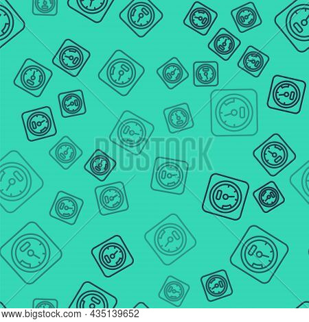 Black Line Sauna Thermometer Icon Isolated Seamless Pattern On Green Background. Sauna And Bath Equi