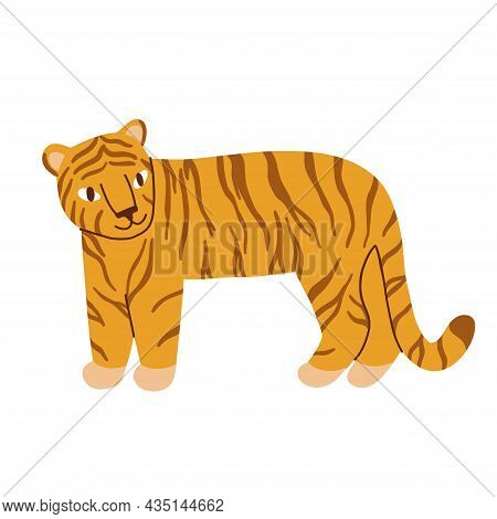 Flat Tiger Stands On Its Hind Legs, Drawn By Hand. Cute Colorful Chinese Tiger. Vector Illustration
