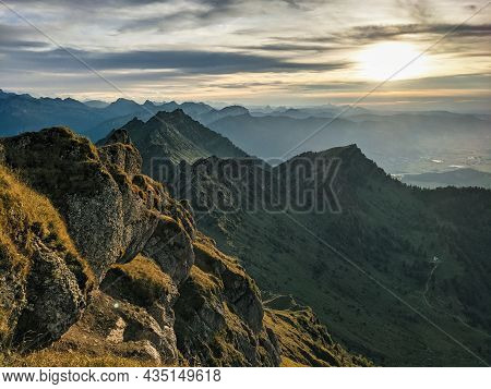 Beautiful Sunset On The Mountain. Peak Speer With A Fantastic View Of The Swiss Alps. Beautiful Even