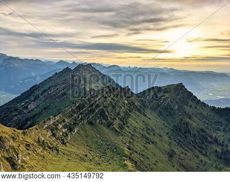 Beautiful Sunset On The Mountain. Peak Speer With A Fantastic View Of The Swiss Alps. Beautiful Even