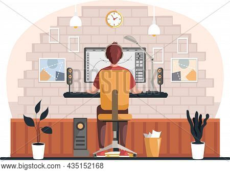 Graphic Designer Creating His Artwork Using Computer Software And Lising Music. Digital Artist, Illu