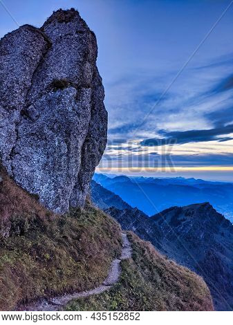 View From The Speer Mountain Peak In The Toggenburch Towards Federispitz And The Glarus Alps. Sunset
