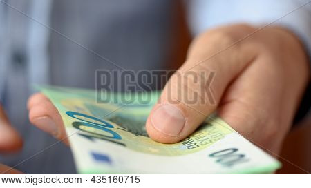 Close Up Man Hands While Counting Euro Money Bills European Economy Value. Euro Currency Exchange. C
