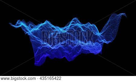Data trends. Three dimensional surface of complex data subjects. Blue wire frame mesh on black background. Waveform peaks and valleys of data generated surface.  3D illustration, 3D rendering.