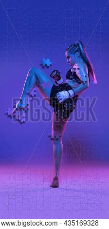 Fulll-length Portrait Of Young Female Sportsman Training Over Gradient Blue Background In Neon. Port