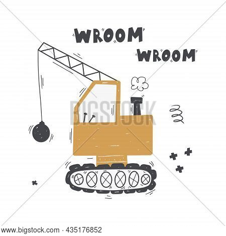 Cute Cartoon Yellow Construction Vehicle For The Demolition Of The Building With Lettering - Wroom W