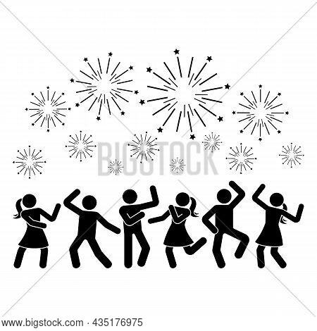 Happy Stick Figure Man And Woman Dancing Hands Up Night Club Fireworks Vector Illustration Icon Set.