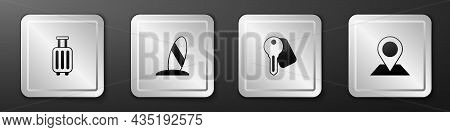 Set Suitcase, Surfboard, Hotel Door Lock Key And Location Icon. Silver Square Button. Vector