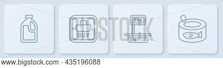 Set Line Bottle For Cleaning Agent, Electronic Scales, Buy Button And Canned Fish. White Square Butt