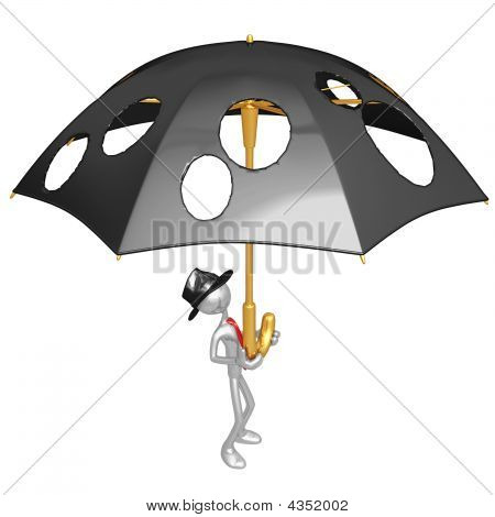 Businessman holding eine riesige Regenschirm mit Löcher