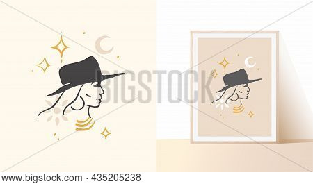 Abstract Bohemian Composition In Light Pastel Colors With Attractive Woman And Mystical Elements.  M