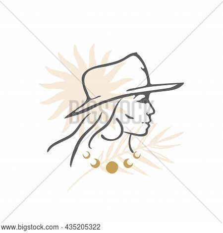 Silhouette Of Beautiful Woman With Abstract Sun And Moon. Minimalistic Hand-drawn Illustration In A 