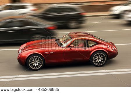 Kiev, Ukraine - June 12, 2021: Wiesmann Gt Mf4. Sports Red Exclusive Car In Motion