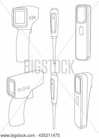 Vector Set Of Digital Thermometers, Temperature Check Gun Devices