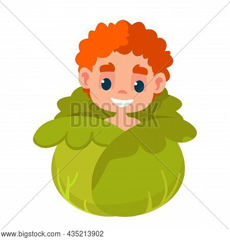 Redhead Newborn Toddler Baby Peeks Out Of A Cabbage Swing. Vector Illustration In Cartoon Children S
