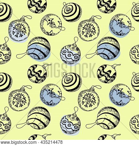 Seamless Festive Background. Doodle Winter Elements. Balls On The Christmas Tree. New Year. Decorati