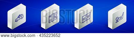 Set Isometric Line Taxi Car, Pound Sterling Money, Flag Of England And Golf Club With Ball Tee Icon.