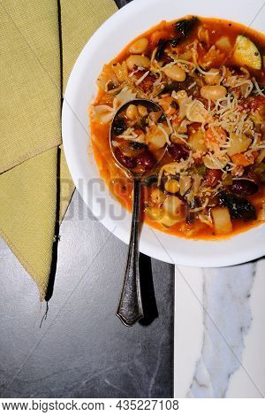 Classic Italian Minestrone Soup With Vegetables Beans And Pancetta