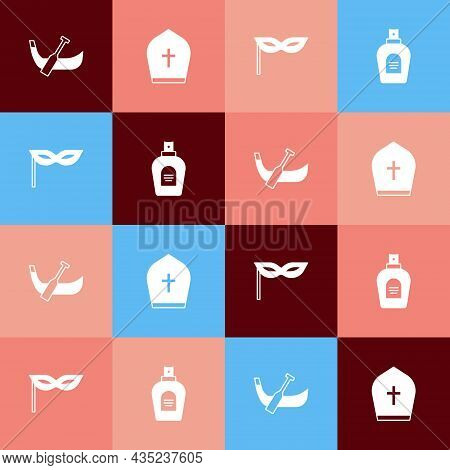 Set Pop Art Gondola Boat, Pope Hat, Carnival Mask And Perfume Icon. Vector